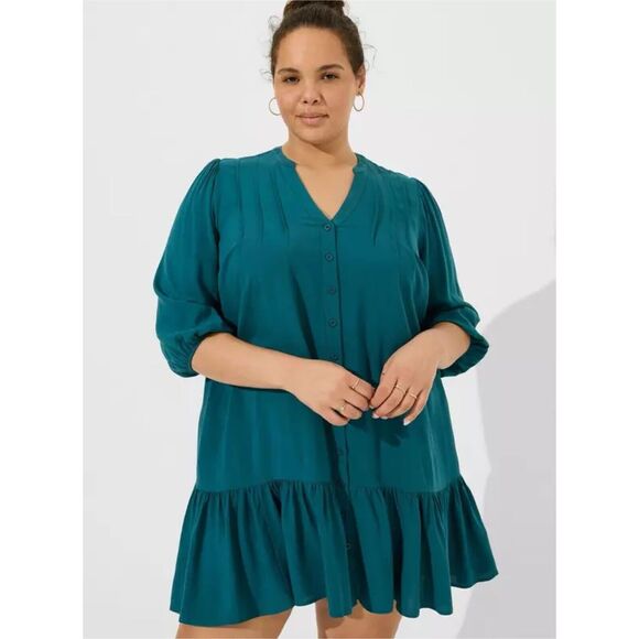 Torrid Dresses & Skirts - Torrid Mini Dress Womens Plus 1X Rayon Slub 3/4 Sleeve Trapeze Pleat Teal Green